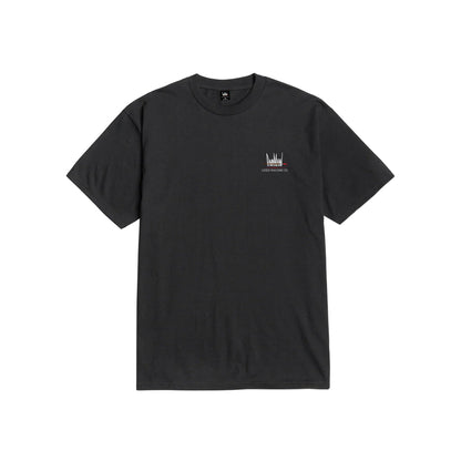 Black t-shirt with a small logo on a white background