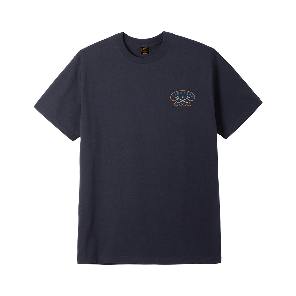 Navy blue t-shirt with a small logo on the chest against a white background