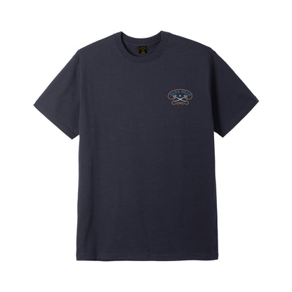 Navy blue t-shirt with a small logo on the chest against a white background
