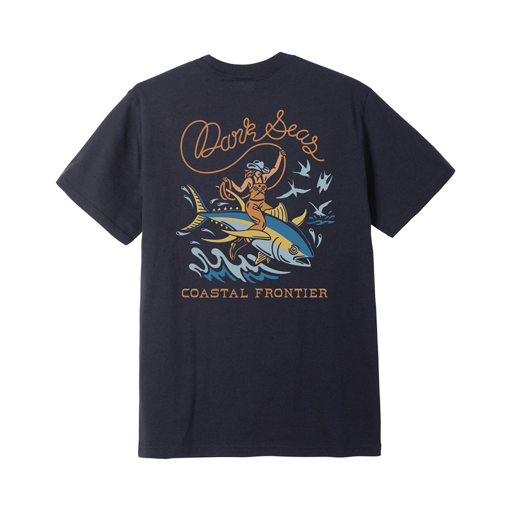 Navy blue t-shirt with a graphic design on the back featuring a fisherman and fish, with 'Dark Seas Coastal Frontier' text.