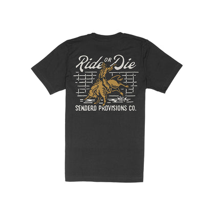Black t-shirt with graphic design and text on a white background
