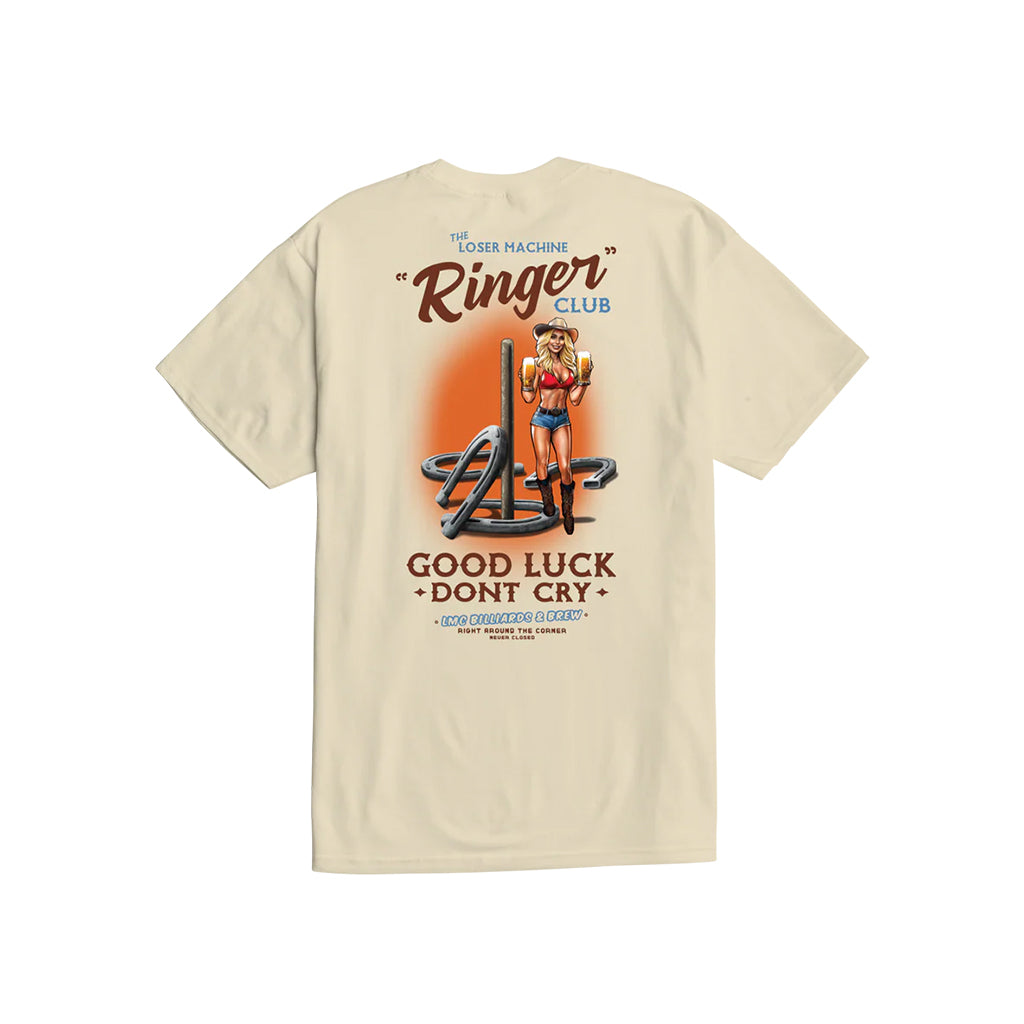 Beige t-shirt with graphic design featuring a woman, text, and logo on a white background