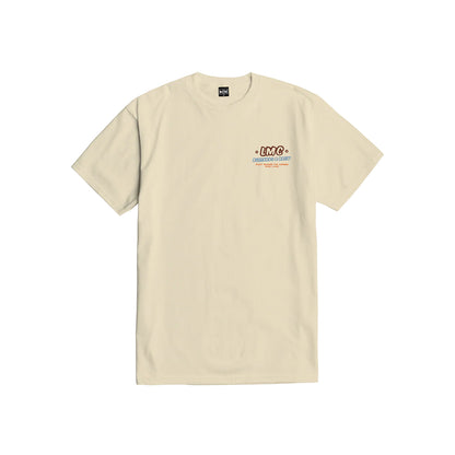 Beige t-shirt with a logo on the chest against a white background