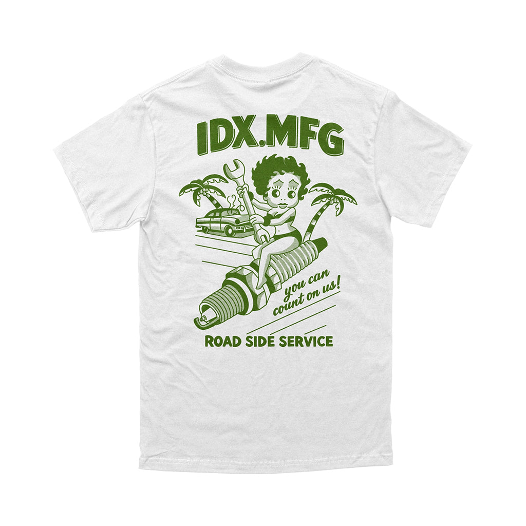 White t-shirt with green graphic and text on a white background