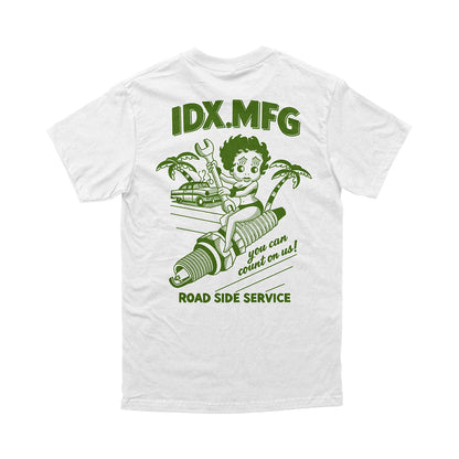 White t-shirt with green graphic and text on a white background