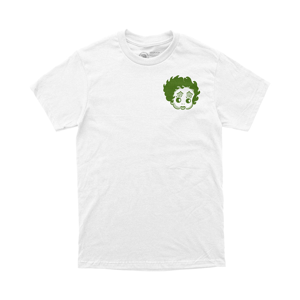 White t-shirt with a green graphic on a white background