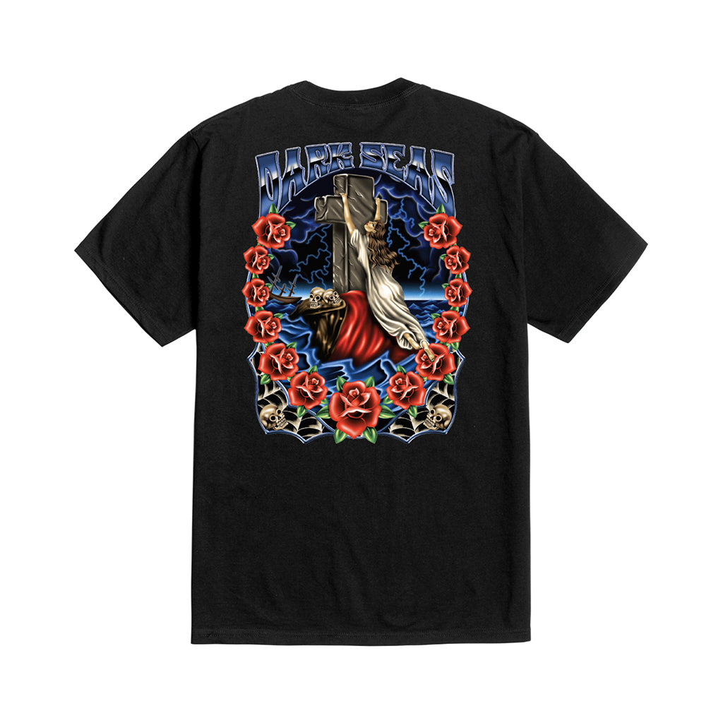 Black t-shirt with a colorful graphic design on a white background