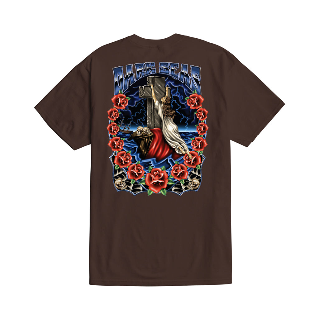 Brown t-shirt with a colorful graphic design on the back featuring roses and a cross.