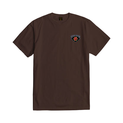 Brown t-shirt with a logo on the chest against a white background