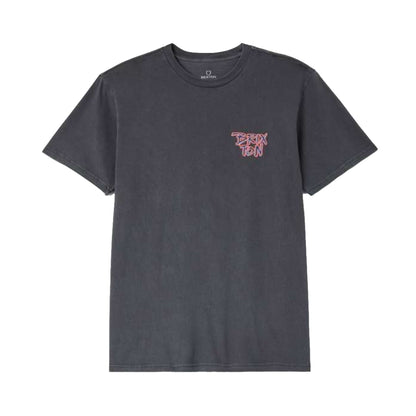 Gray t-shirt with a pink logo on a white background