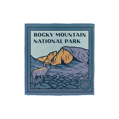 Rocky Mountain National Park patch with mountain and goat illustration on a blue background