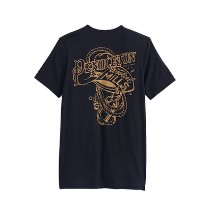 Black t-shirt with gold graphic design on a white background