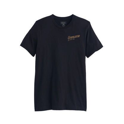 Black t-shirt with a logo on the chest against a white background