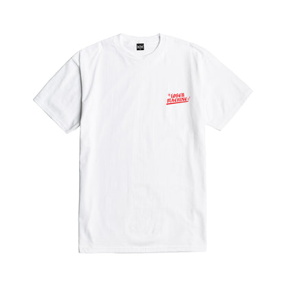 White t-shirt with a red logo on a white background