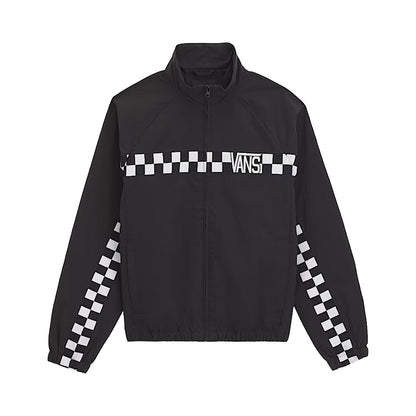 Black jacket with checkered sleeves and Vans logo on a white background