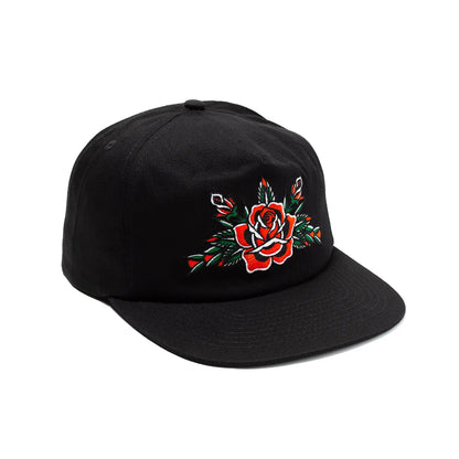 Black cap with a red rose embroidery on a white background