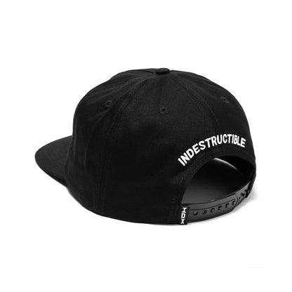 Black cap with 'INDESTRUCTIBLE' text on a white background