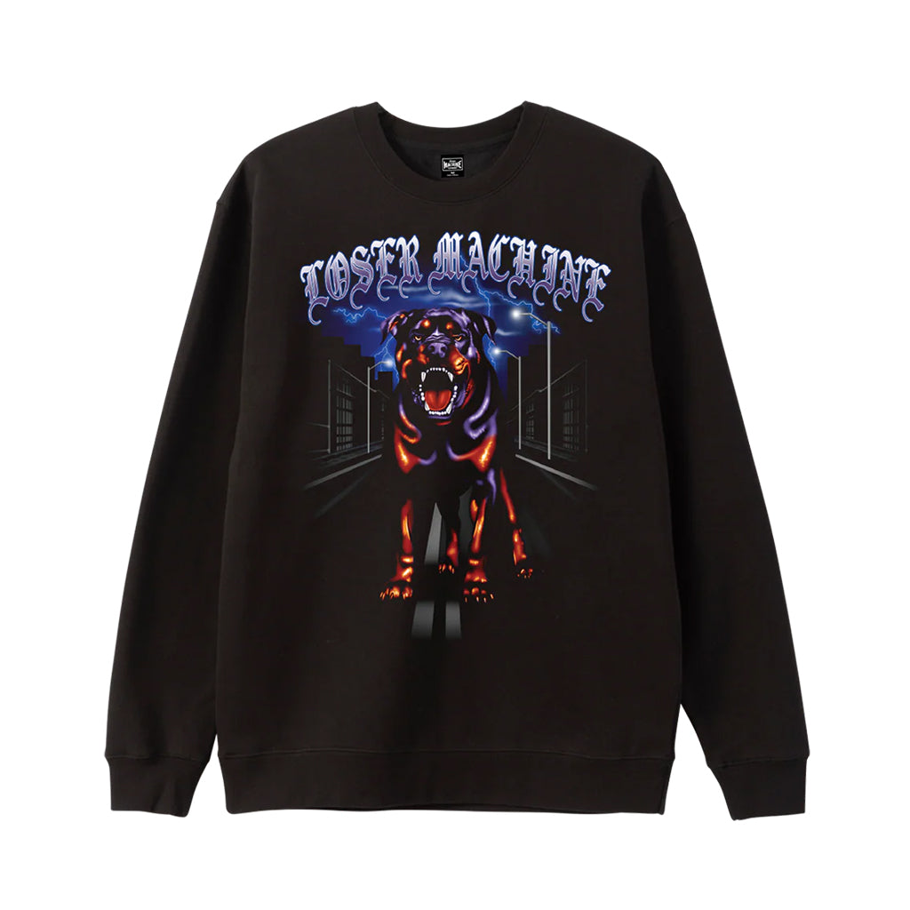 Black sweatshirt with a graphic design of a dog and 'Loser Machine' text on a white background