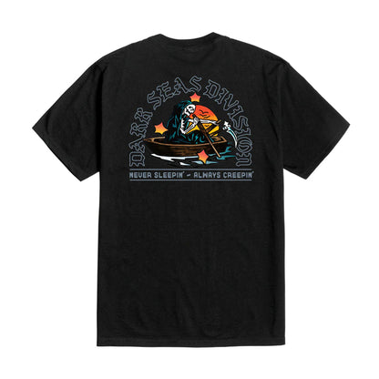 Black t-shirt with a graphic design featuring a skeleton rowing a boat, surrounded by text and symbols.