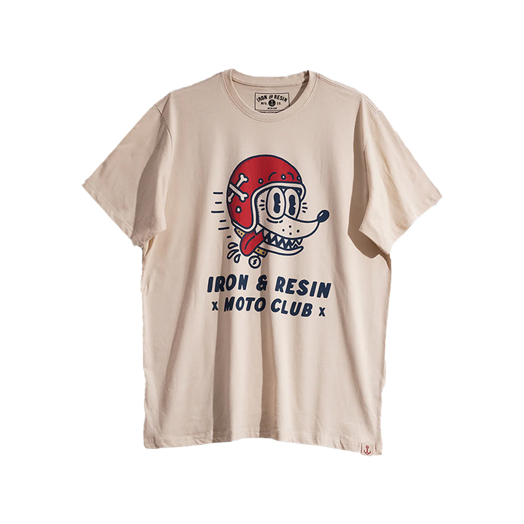 Beige t-shirt with a graphic design and text on a white background