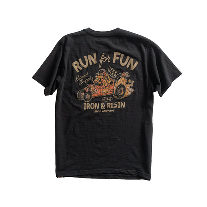 Black t-shirt with a graphic design and text on the back, displayed against a white background.