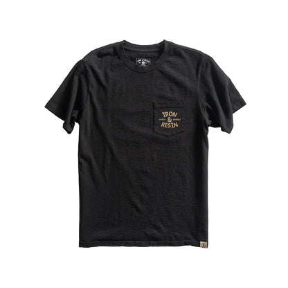 Black t-shirt with a pocket and branding on a white background