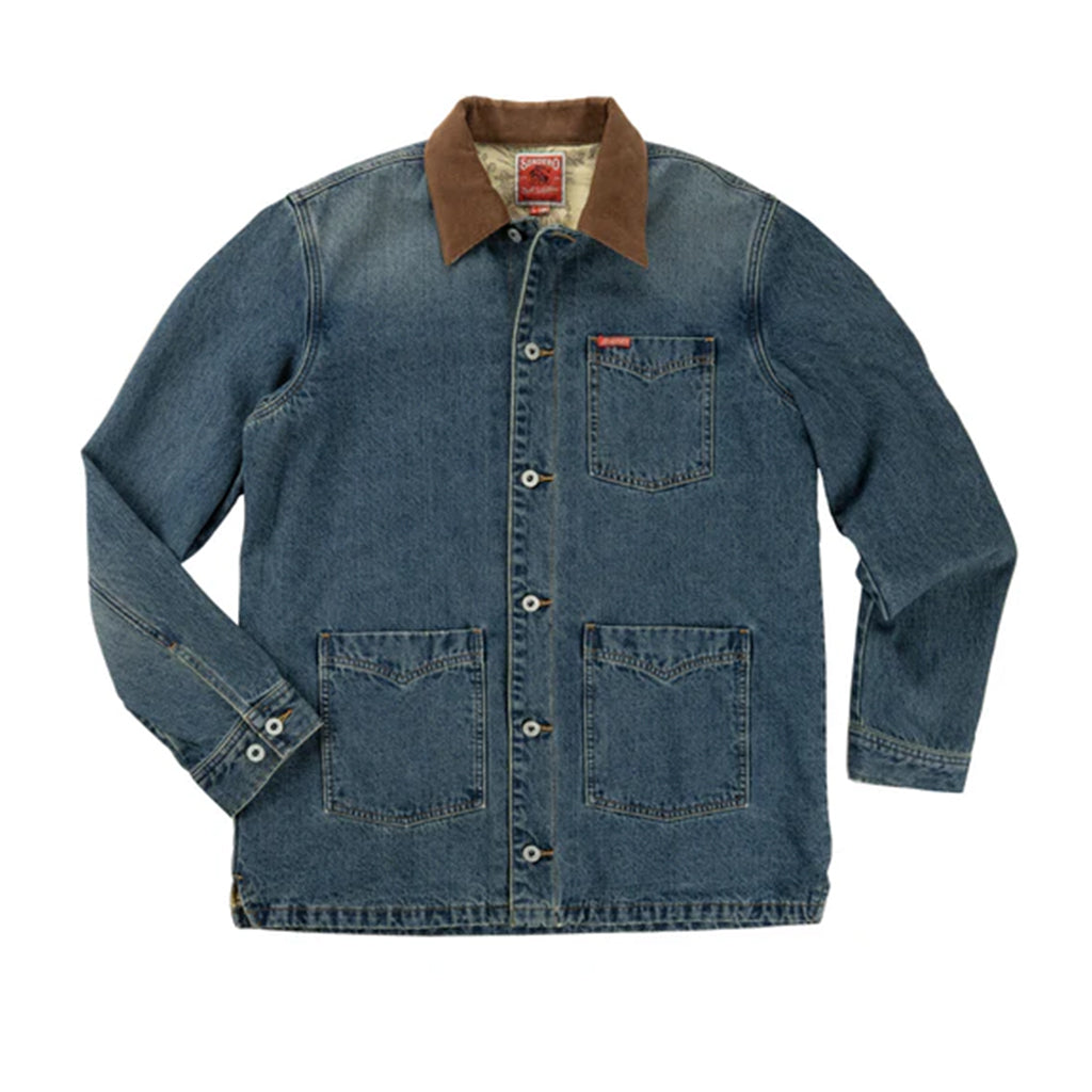 Blue denim shirt with brown collar on a white background