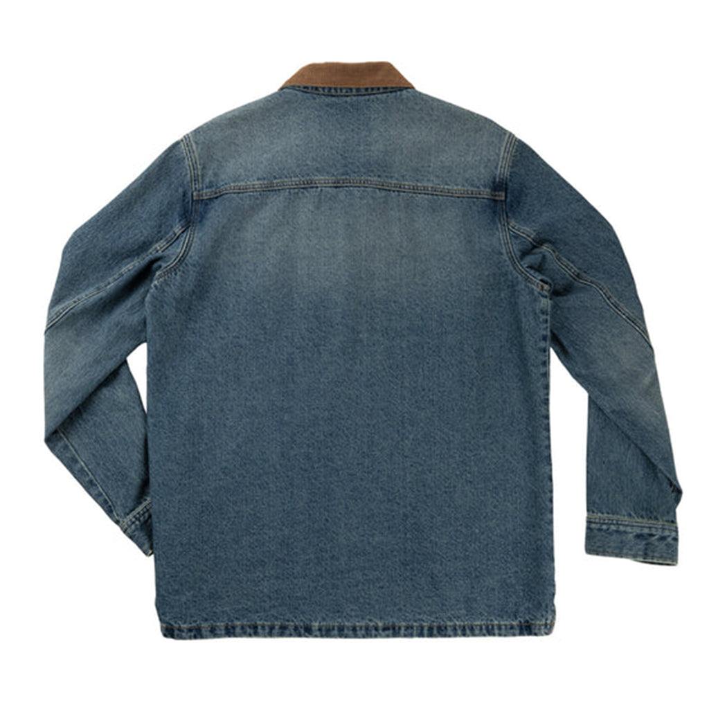 Blue denim jacket with brown collar on a white background