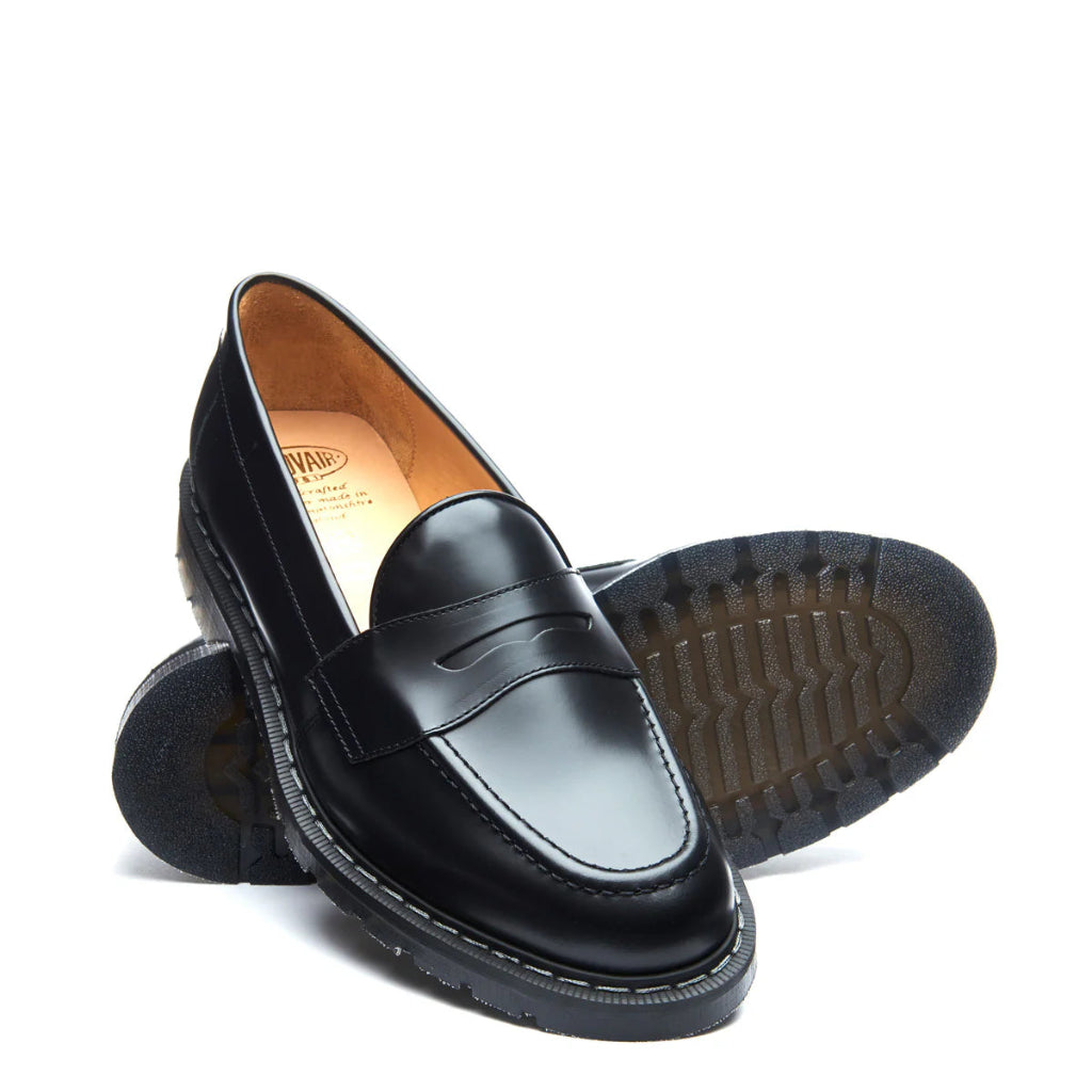 Black leather loafer shoes on a white background