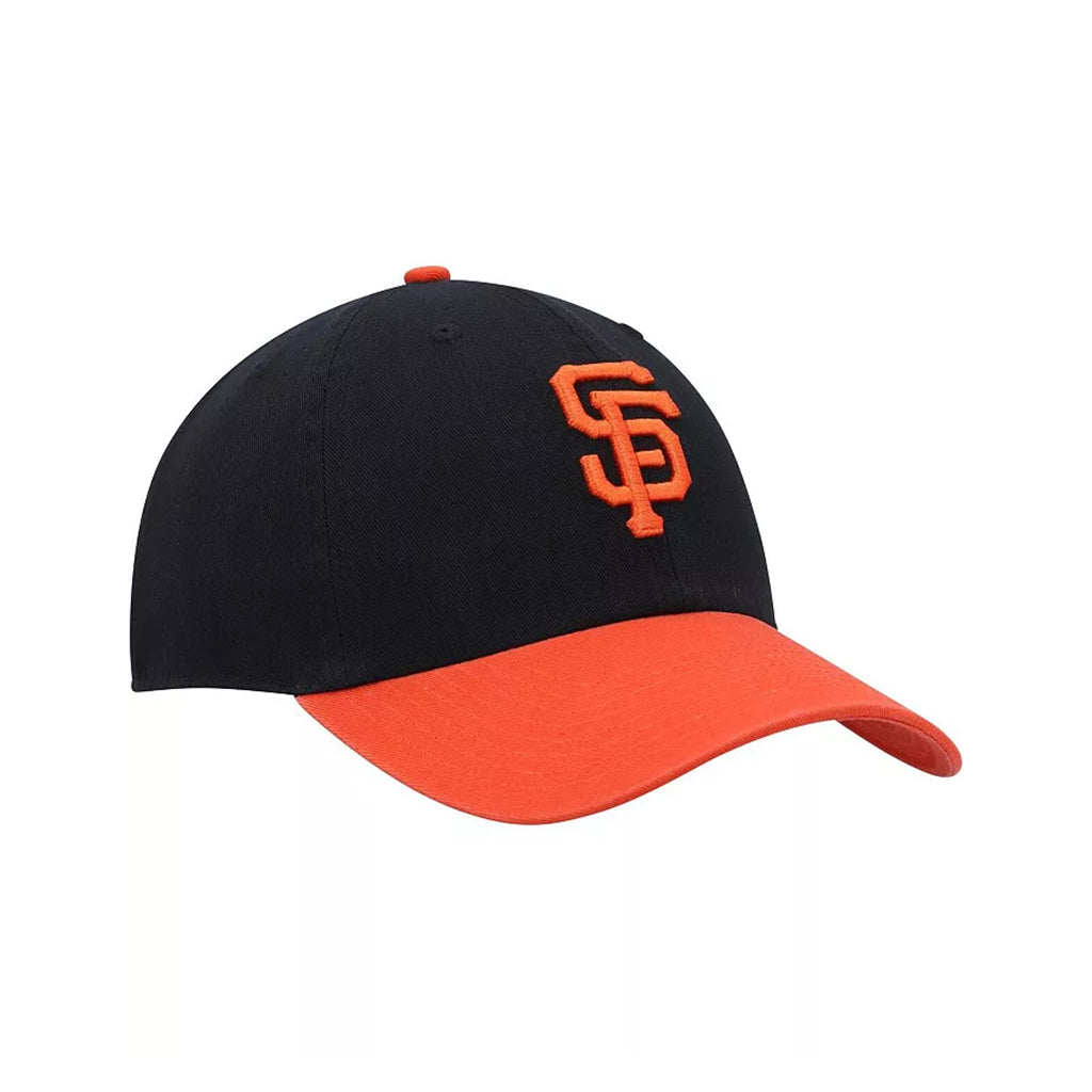 Black and orange baseball cap with logo on a white background