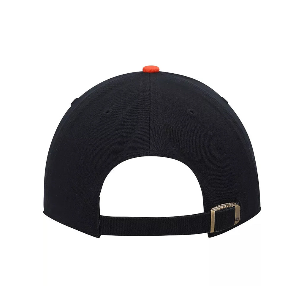 Black cap with a white patch and orange button on a white background