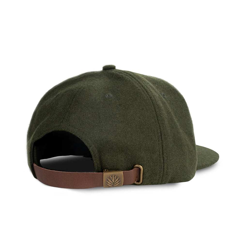 Green cap with brown leather strap on a white background