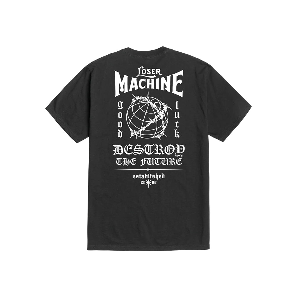Black t-shirt with white text and graphics on a white background