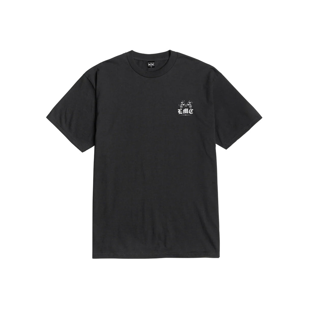 Black t-shirt with a small white logo on a white background