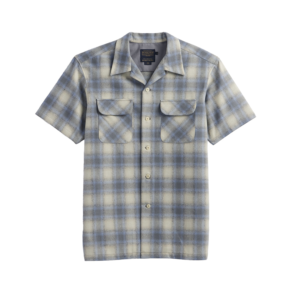 Plaid short-sleeve shirt with two front pockets on a white background