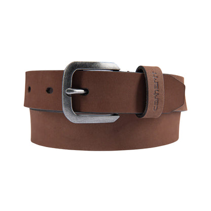 Brown leather belt with silver buckle on a white background