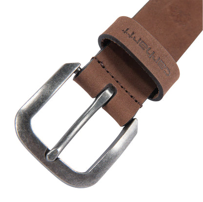 Brown leather belt with silver buckle on a white background