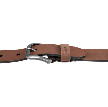 Brown leather belt with silver buckle on a white background