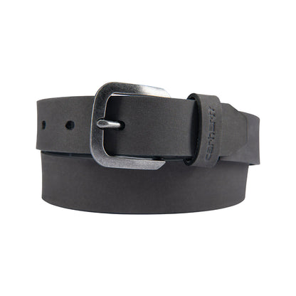 Black leather belt with silver buckle on a white background