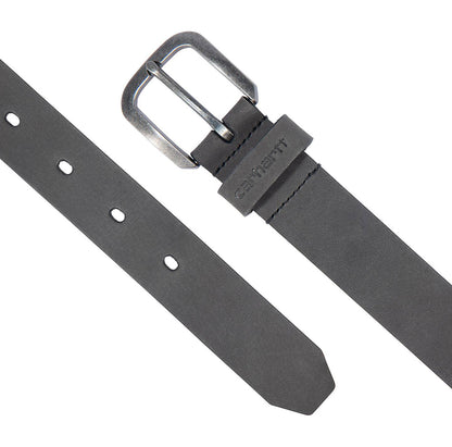 Gray belt with a silver buckle on a white background