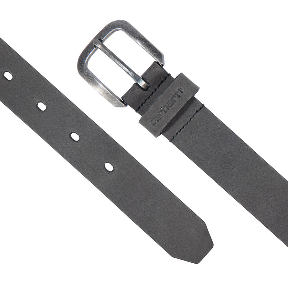 Gray belt with a silver buckle on a white background