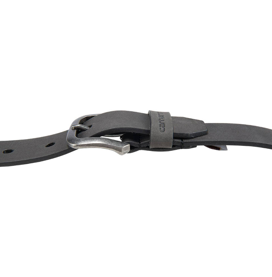 Black leather belt with silver buckle on a white background
