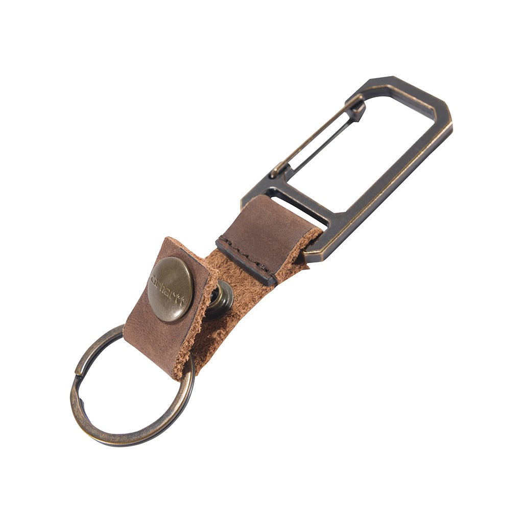 Brown leather keychain with carabiner on a white background