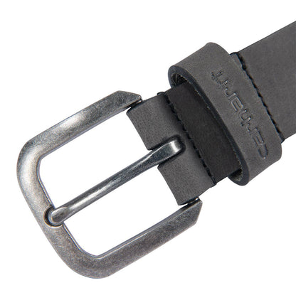 Black leather belt with silver buckle on a white background