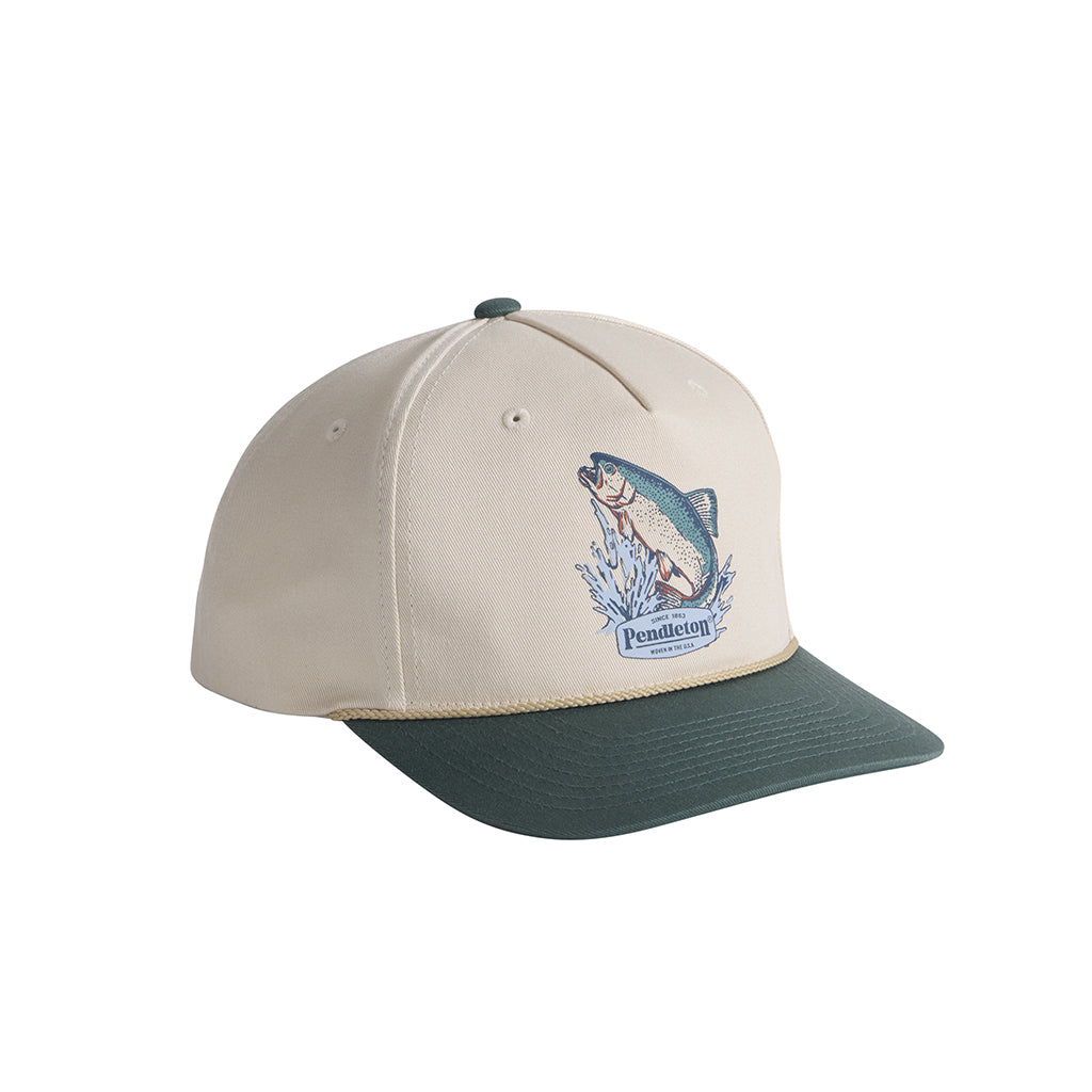 Beige and green cap with fish design and Pendleton logo on a white background