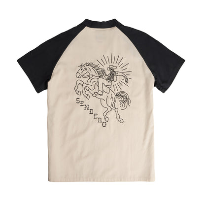Baseball t-shirt with a horse and rider graphic on a beige and black background