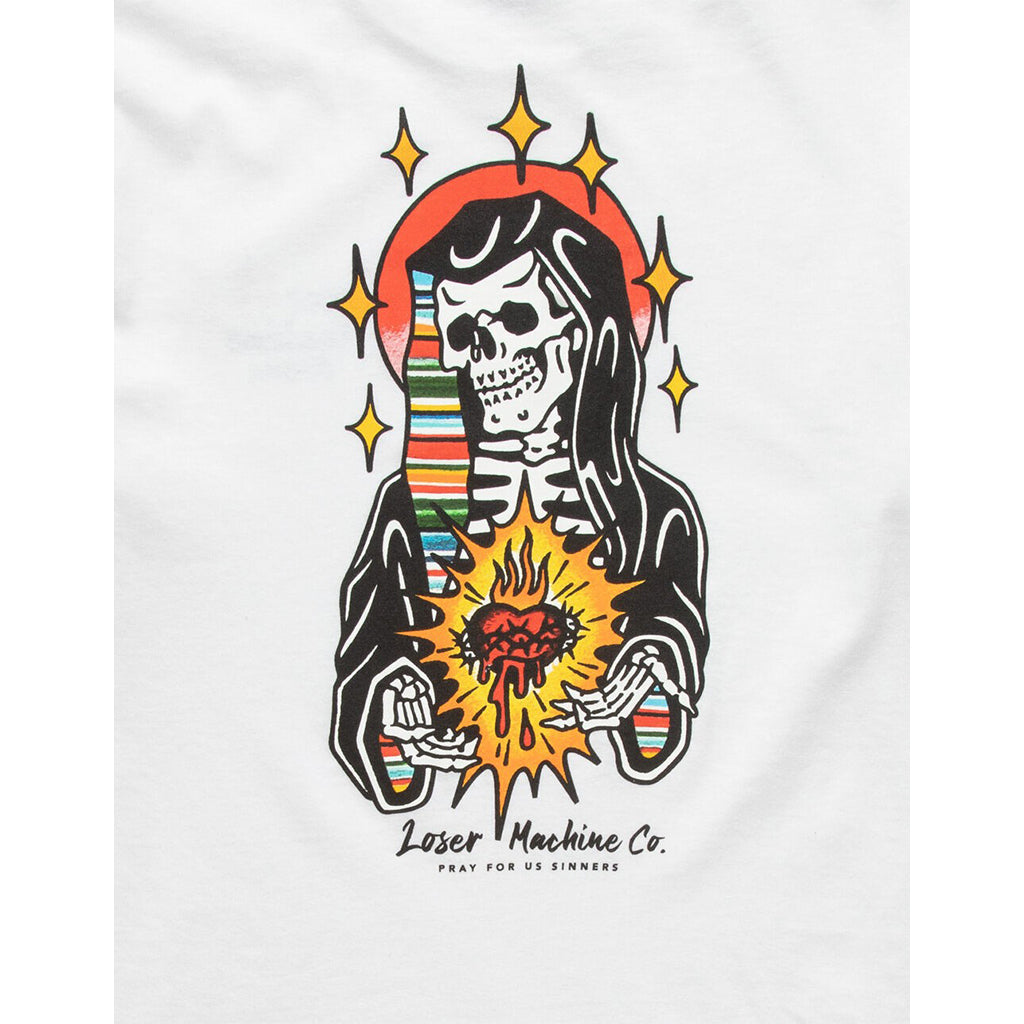 Skeletal design with colorful elements on a white background, featuring the 'Loser Machine Co' logo.