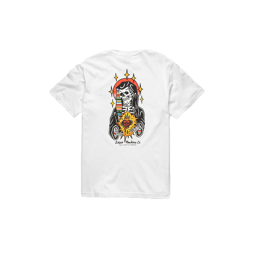 White t-shirt with a skeleton and sunflower design on a white background