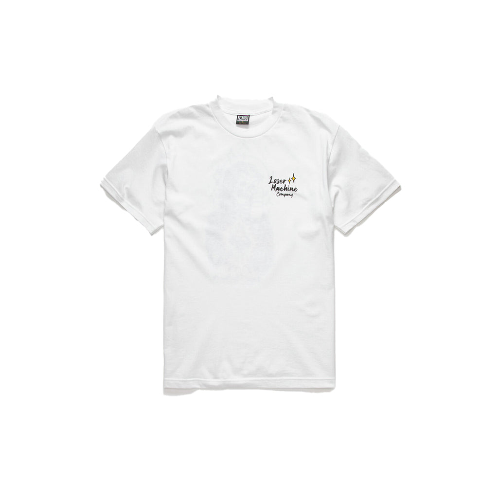 White t-shirt with a small logo on a white background