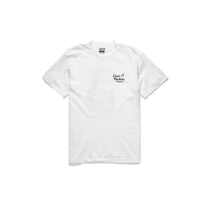 White t-shirt with a small logo on a white background